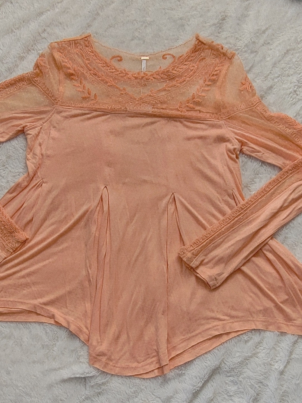Free People Peach Lace Yoke Long Sleeve Tee